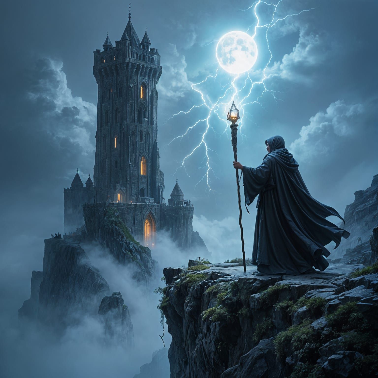 Mage Tower Struck by Lightning Above Stormy Sea