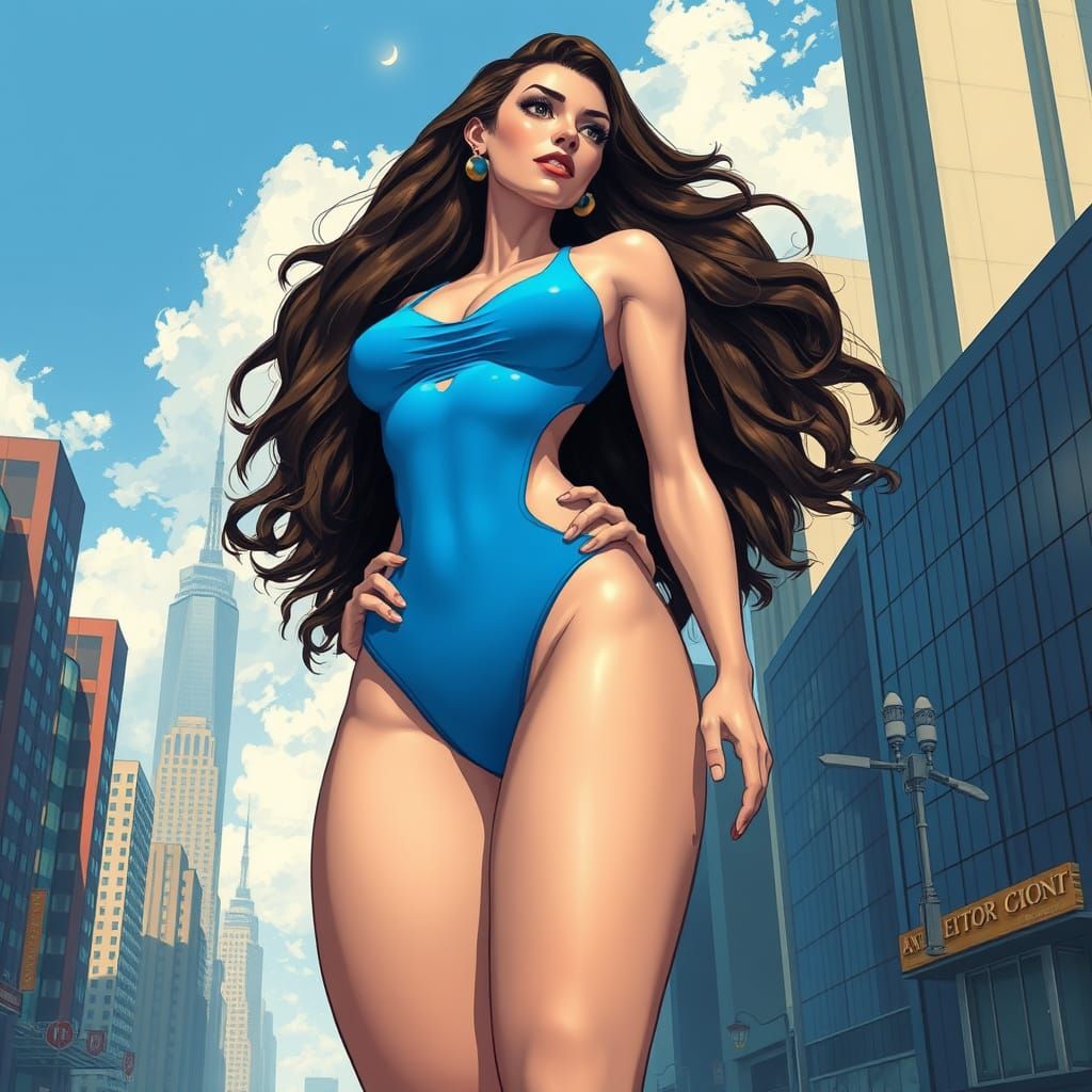 Giant Woman in Cityscape, Concept Art Style