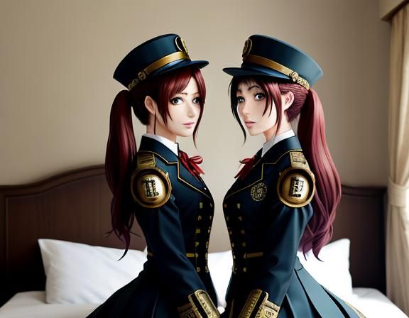 Steampunk Anime Twins Kissing in Bedroom