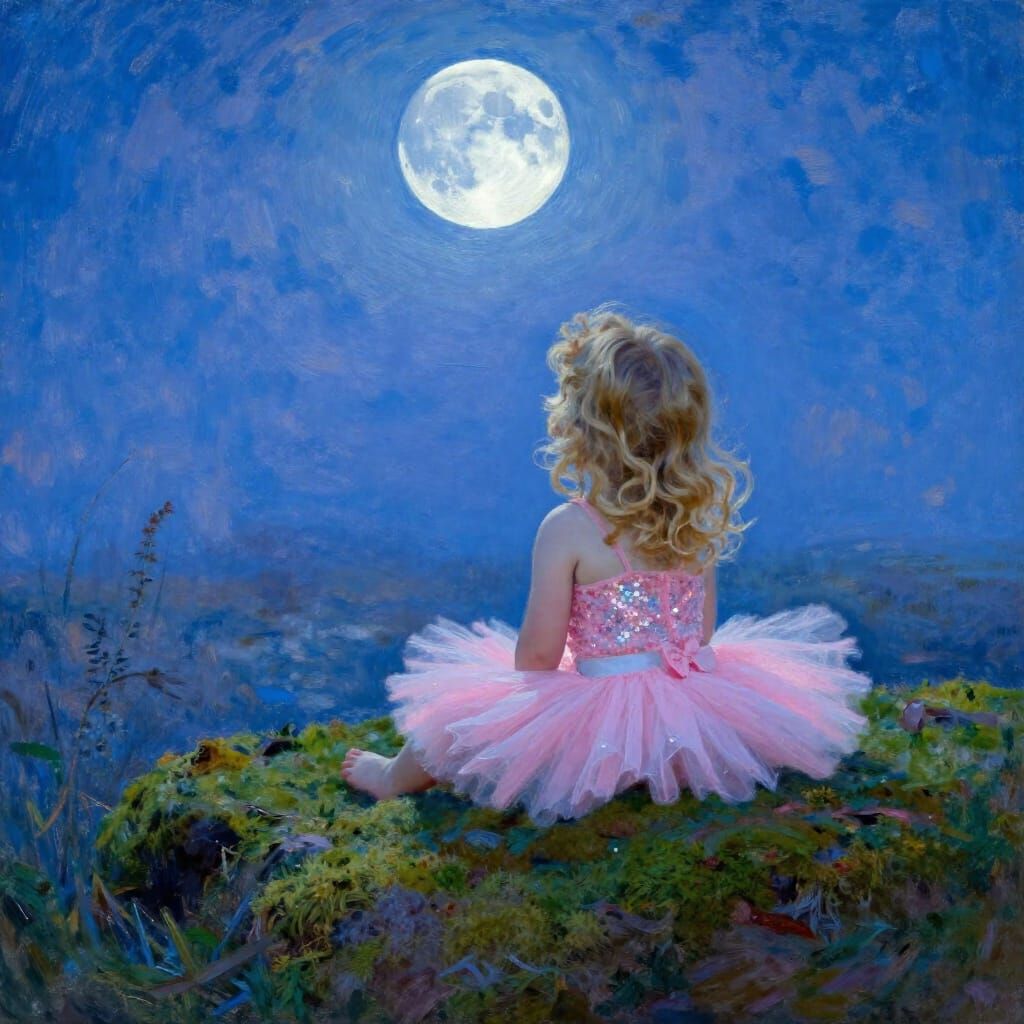 Toddler Gazes at Glowing Blue Moon in Impressionist Style