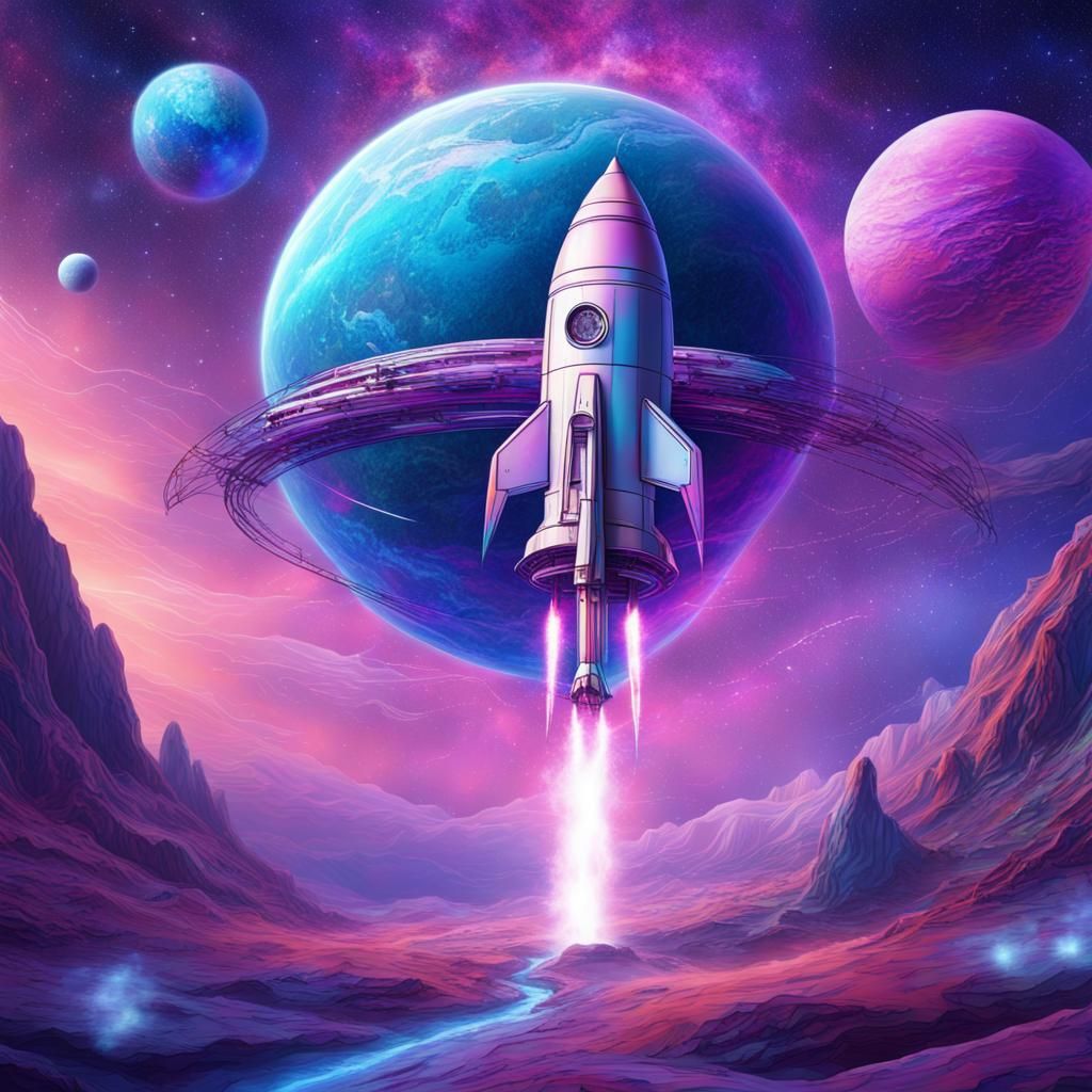 Rocket Soaring Across a Blue and Purple Planet