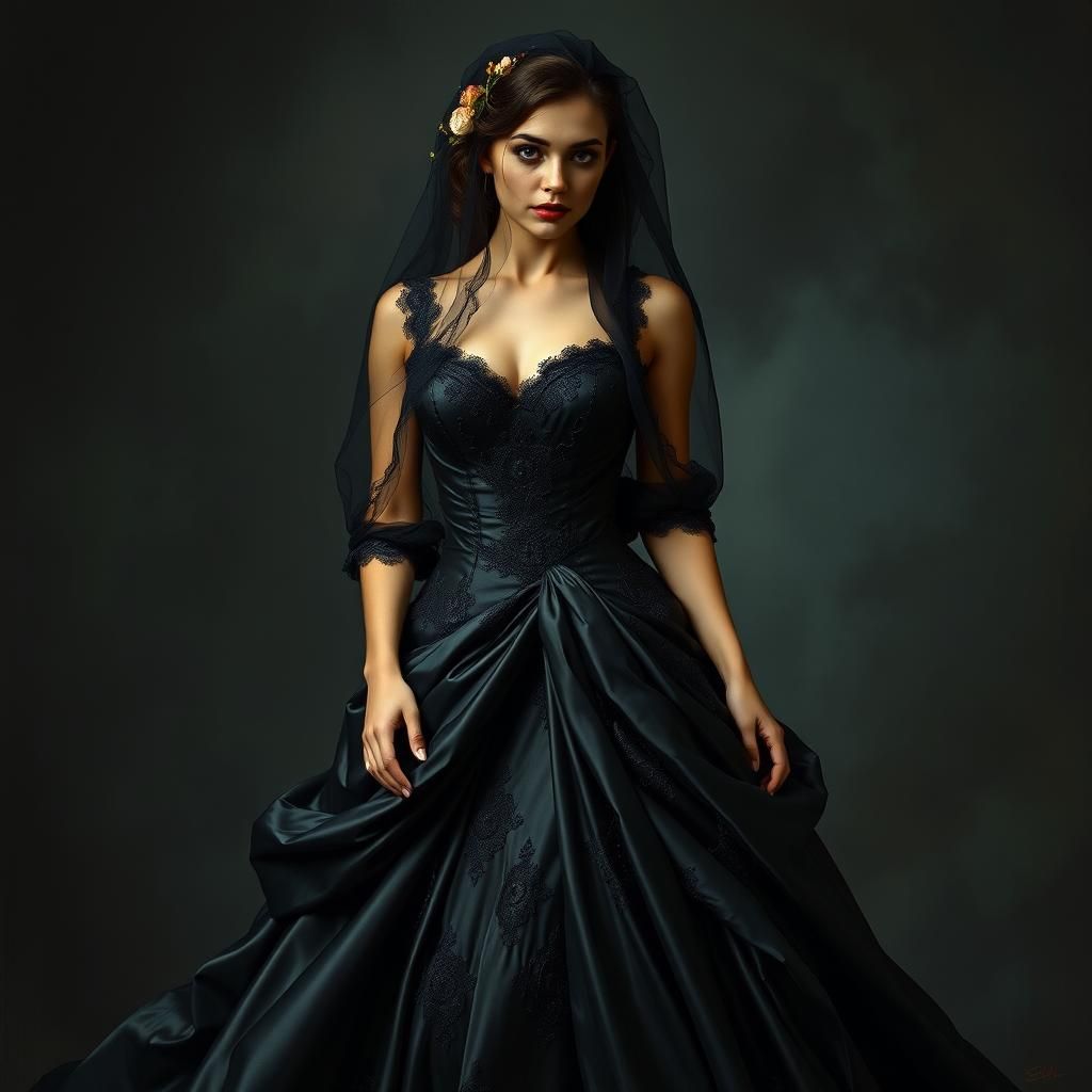 Woman in a intricately layered black mourning dress with a f...