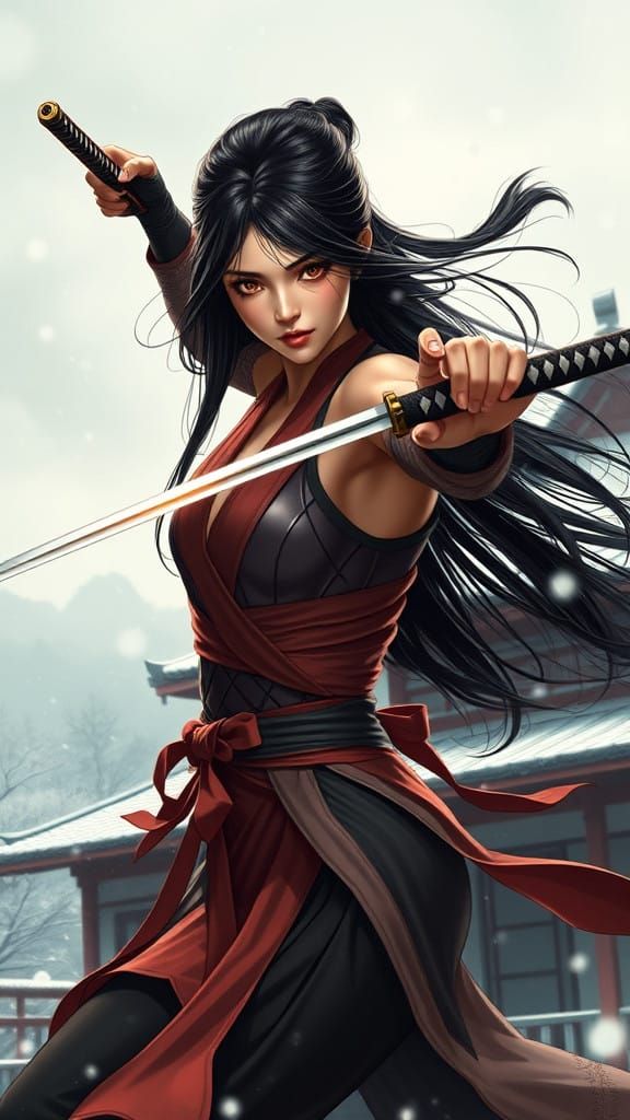 Sensual Ninja Slays in Serene Winter Setting