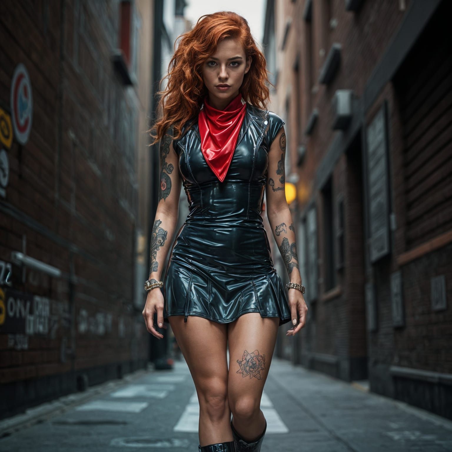 Nerdy Punk Girl in Latex Outfit in City Alley