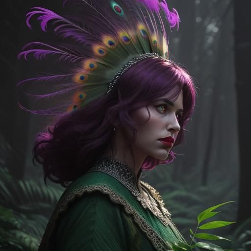 Peacock Haired Woman in a Cinematic Forest