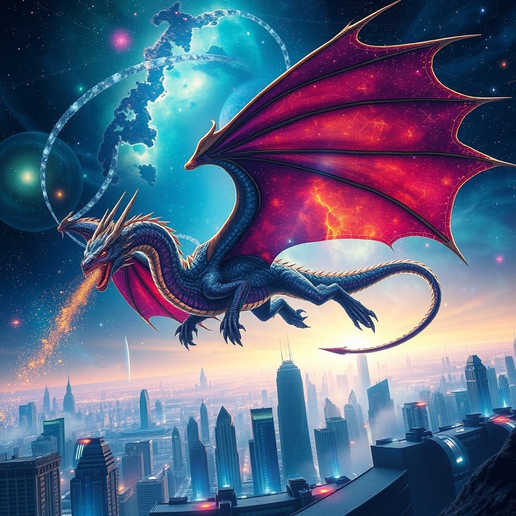 envision a celestial dragon, its scales shimmering with the ...