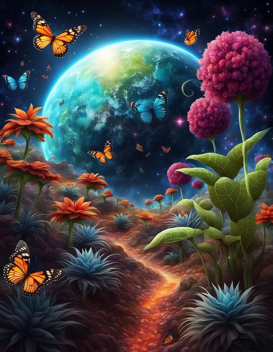 Colorful Fantasy Planet with Giant Plants in Space