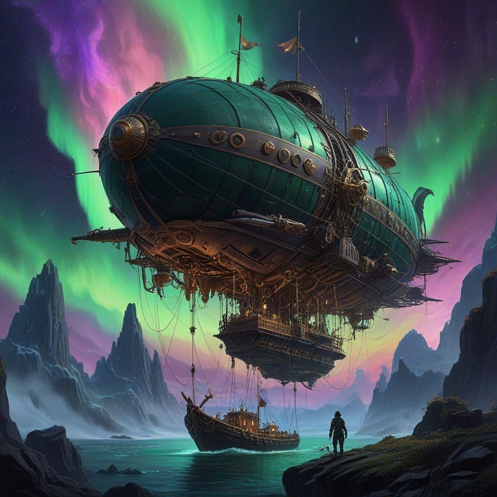 Steampunk Airship in Cosmic Nebula