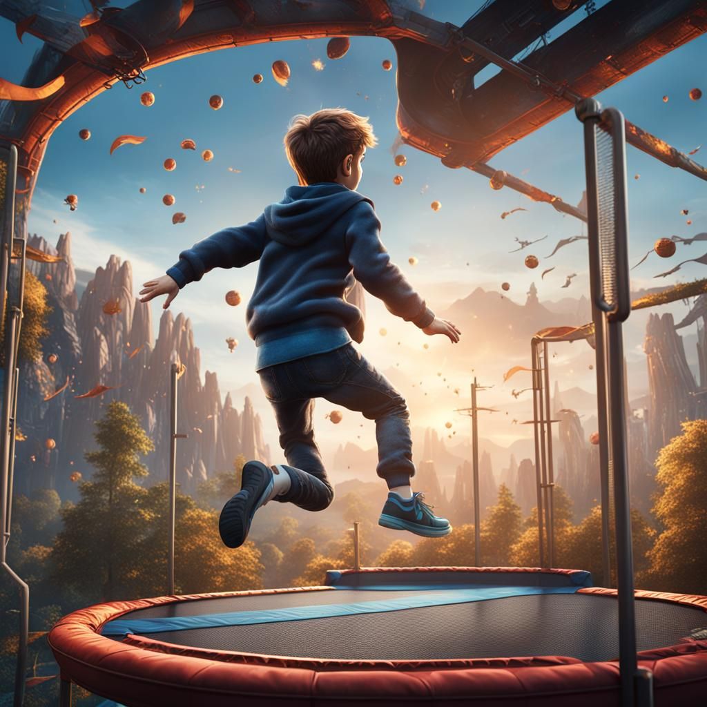Boy Jumps on Trampoline: Detailed Matte Painting