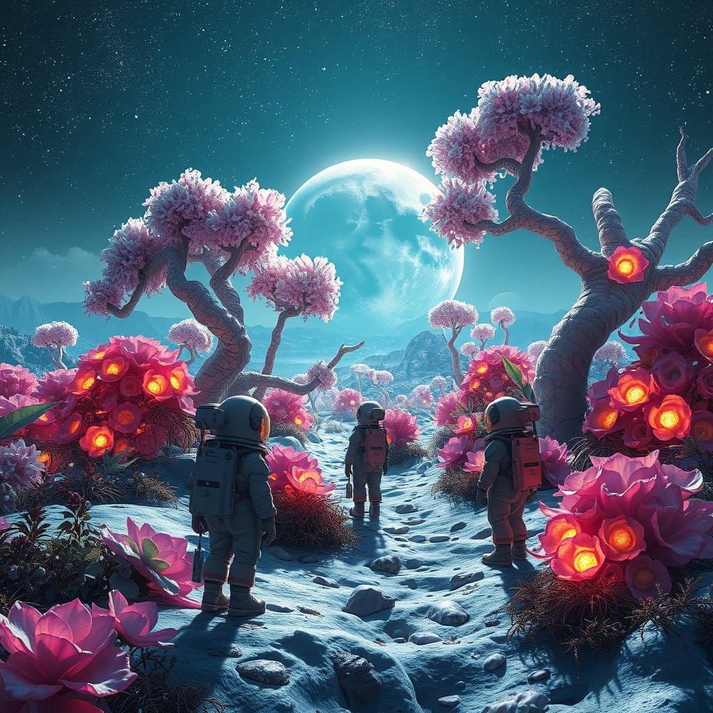 Moon Garden in Vibrant Spacesuits, Iridescent Flora, and Sta...