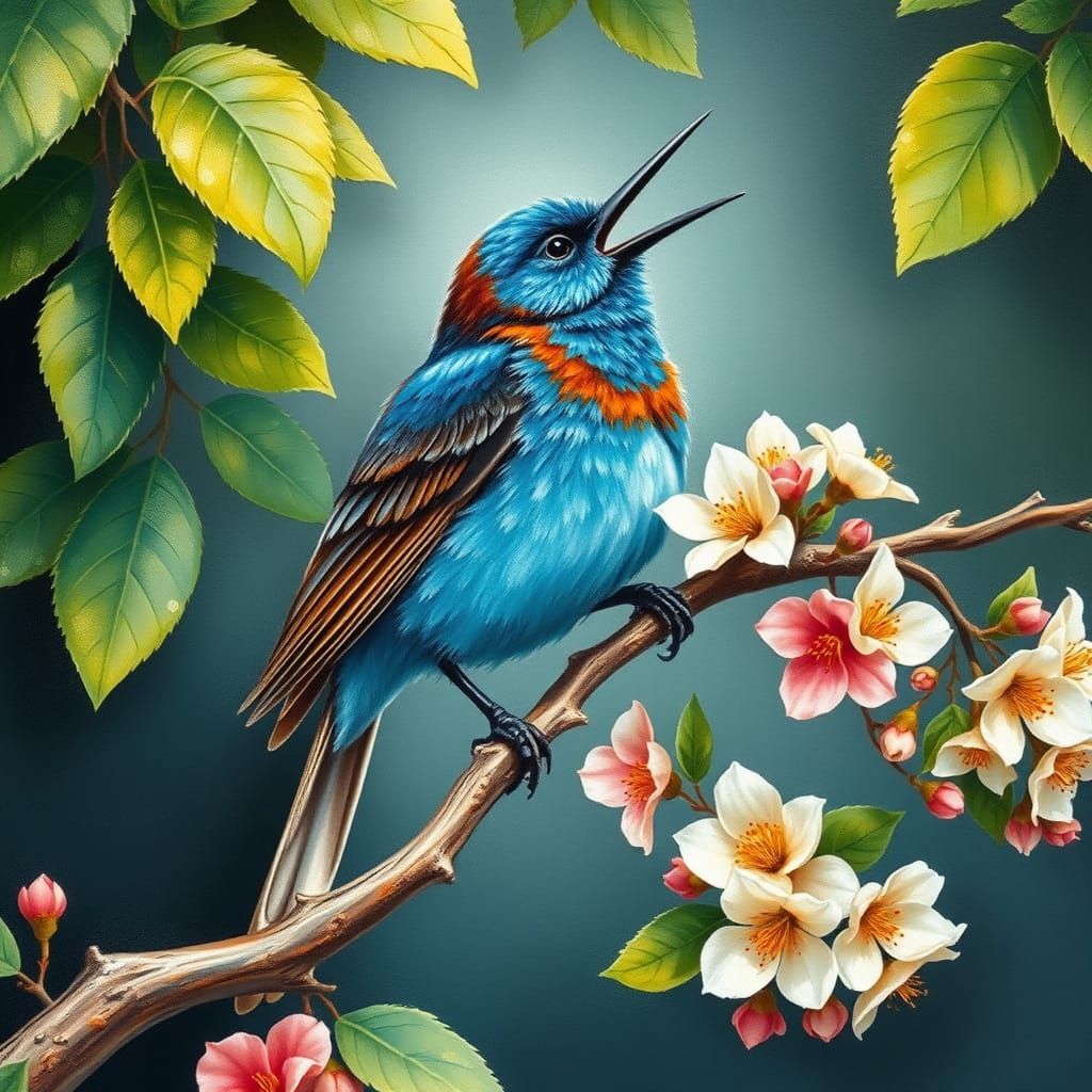 Whimsical Nightingale Perched on a Delicate Branch in a Lush...