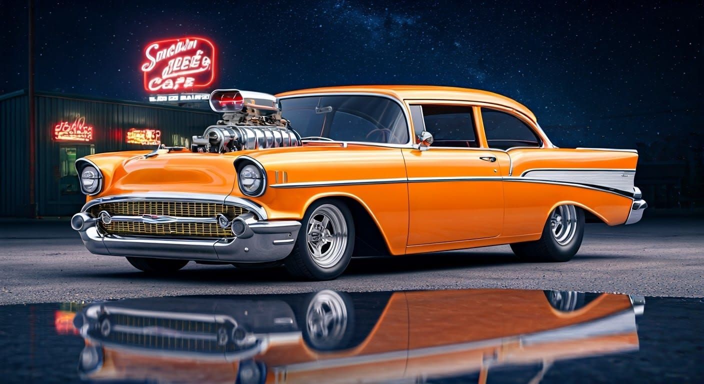 a realistic very closeup 2/3 angled photo of an wild cherry tangerine paint 1957 Chevy Bel-Air street rod, a big block b...