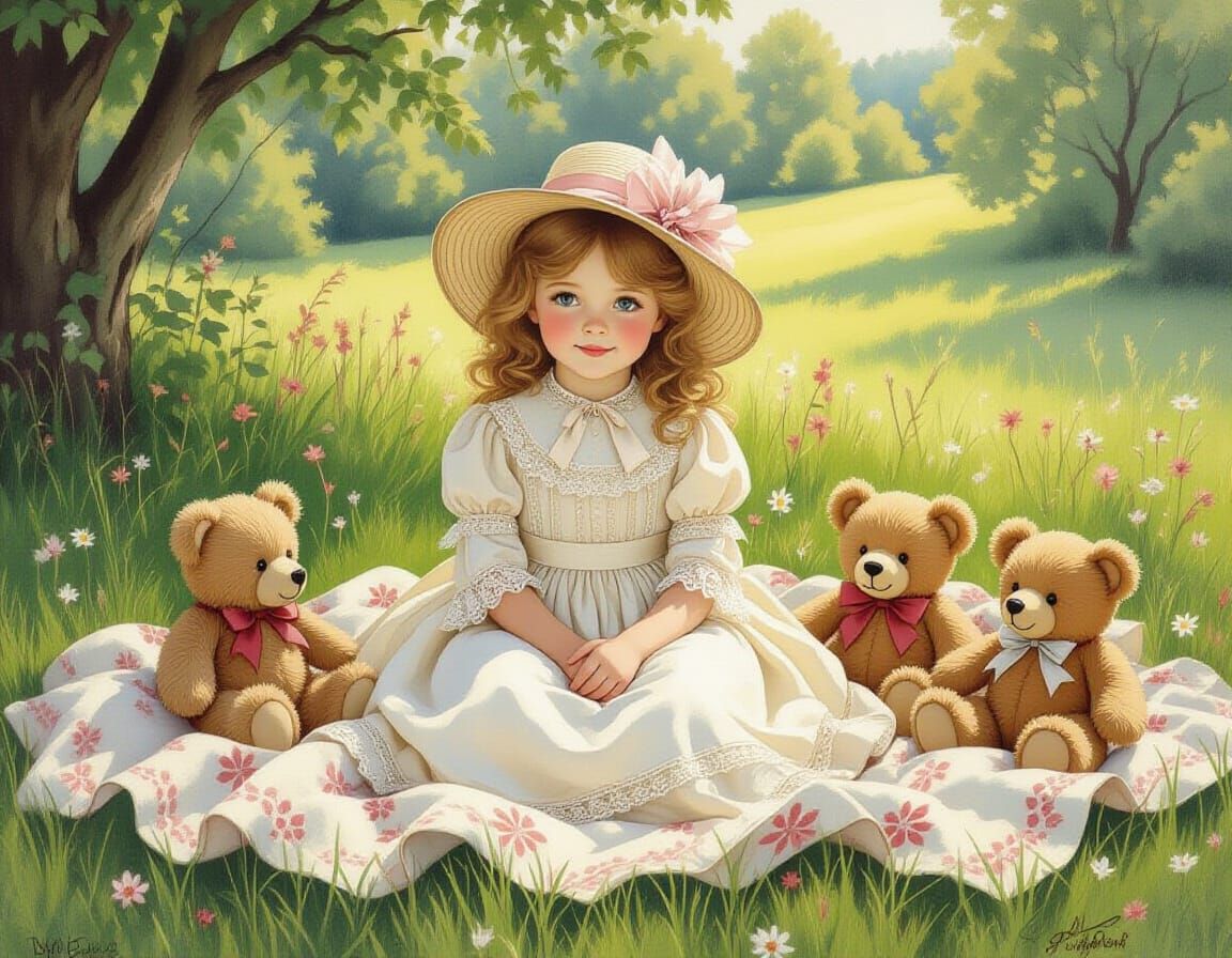 Victorian Girl's Teddy Bear Picnic, Watercolor Illustration