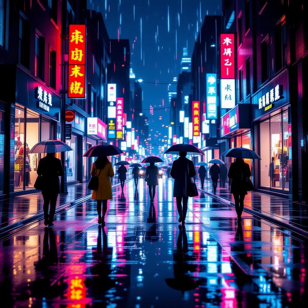 Neon Reflections on a Rainy Cyberpunk Street