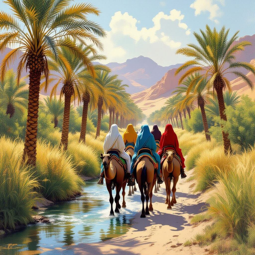 Wadi Oasis with Camels, in Style of Realistic Landscape Art