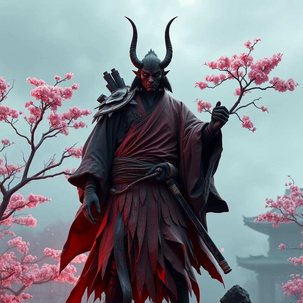 Dark Cyberpunk Demon Warrior Amidst Cherry Blossoms