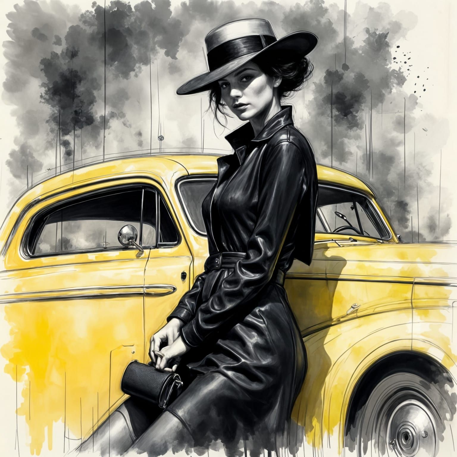 Femme Fatale in Pencil Sketch Leaning on 1940s Car