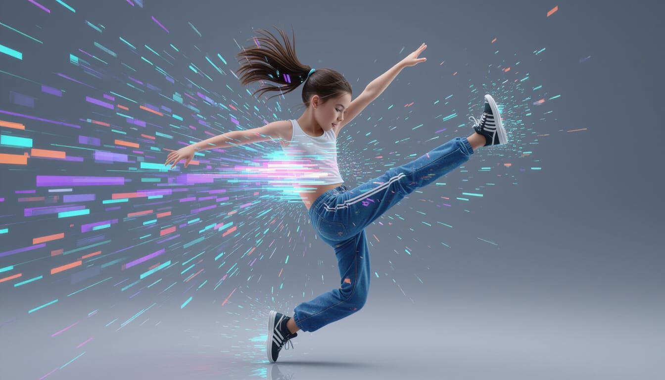 Girl Breakdancing with Digital Glitch Effect in 3D