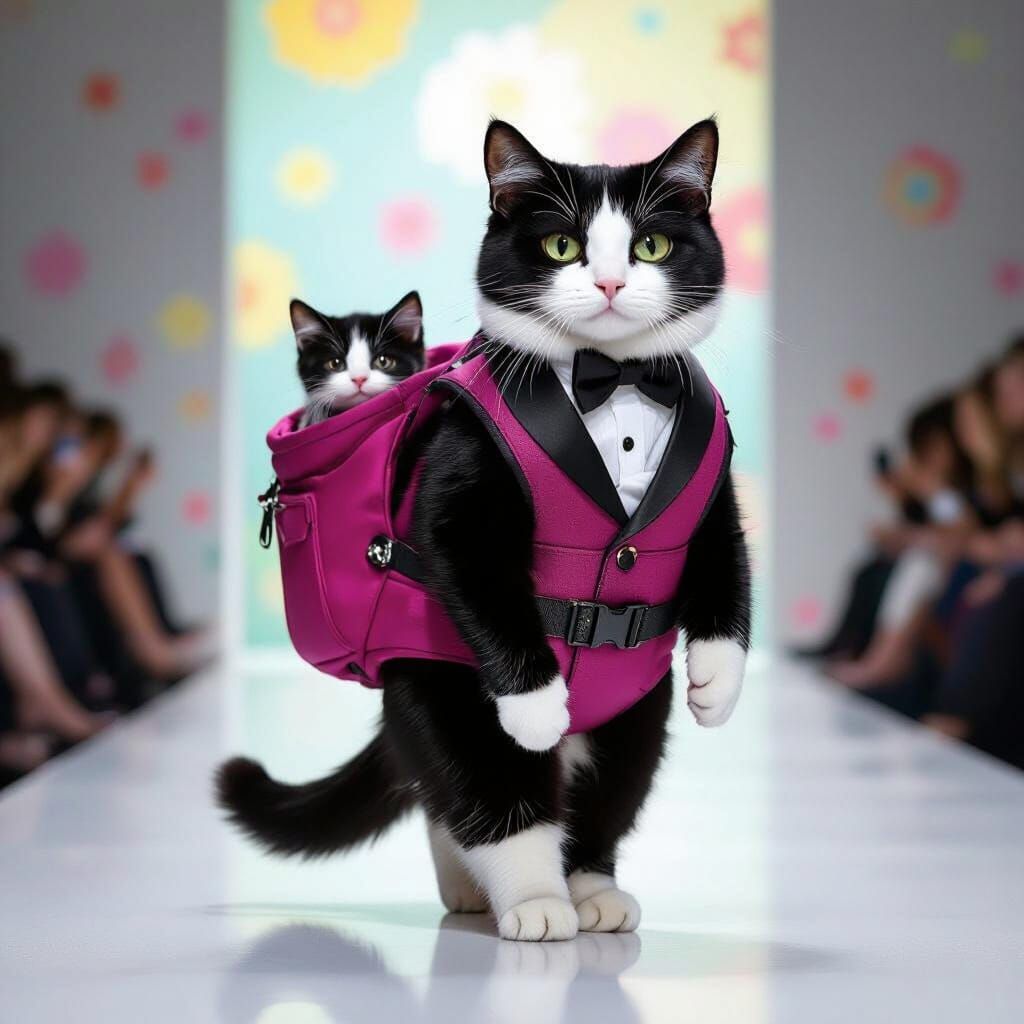 Tuxedo Cat Strutting Runway with Kitten, Playful Art