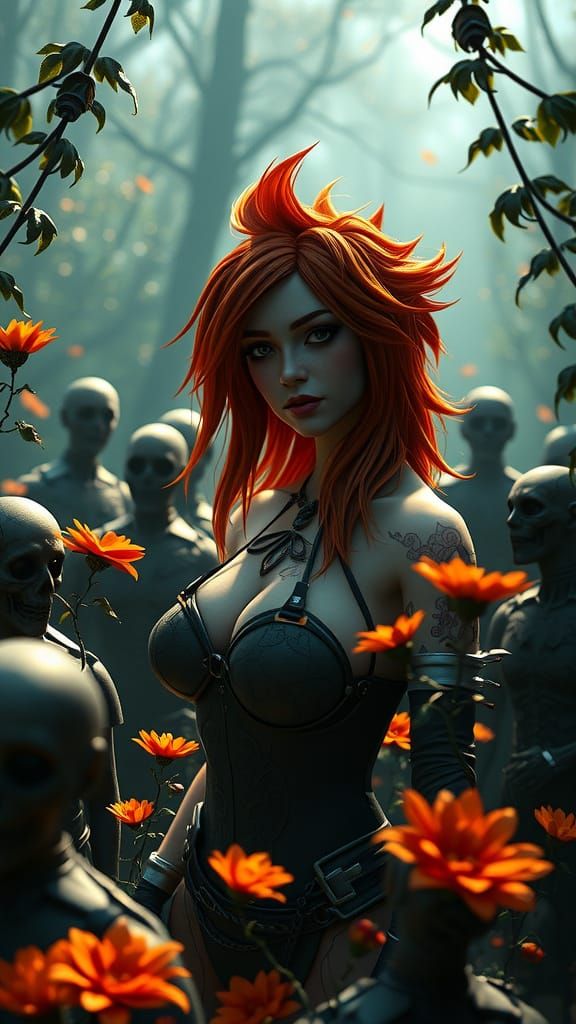 Cyberpunk Lady of the Lake with Zombies in Garden