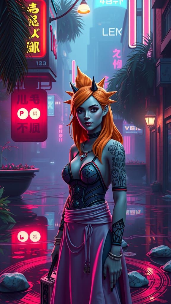 Lady of the Lake in Cyberpunk Garden, Chromolithography Styl...