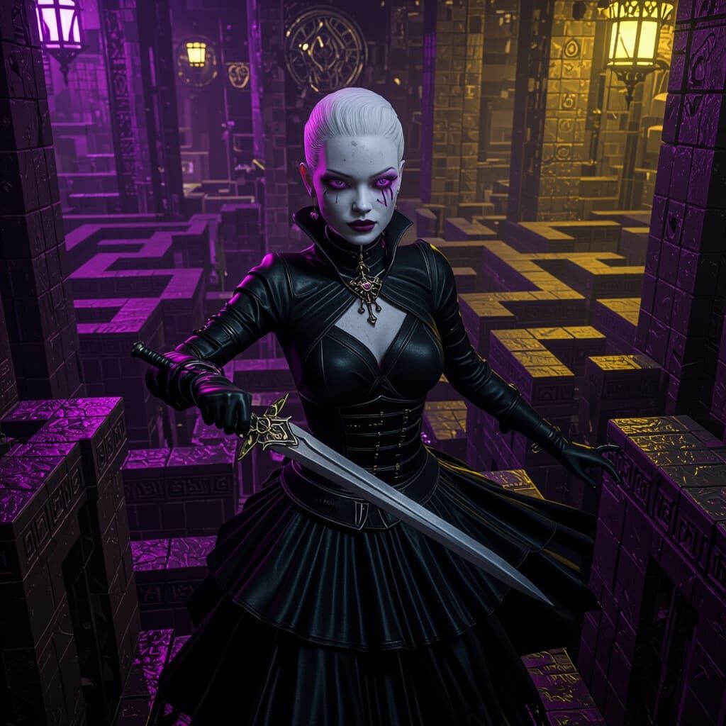 Albino Woman with Dagger Navigates Dark City Maze
