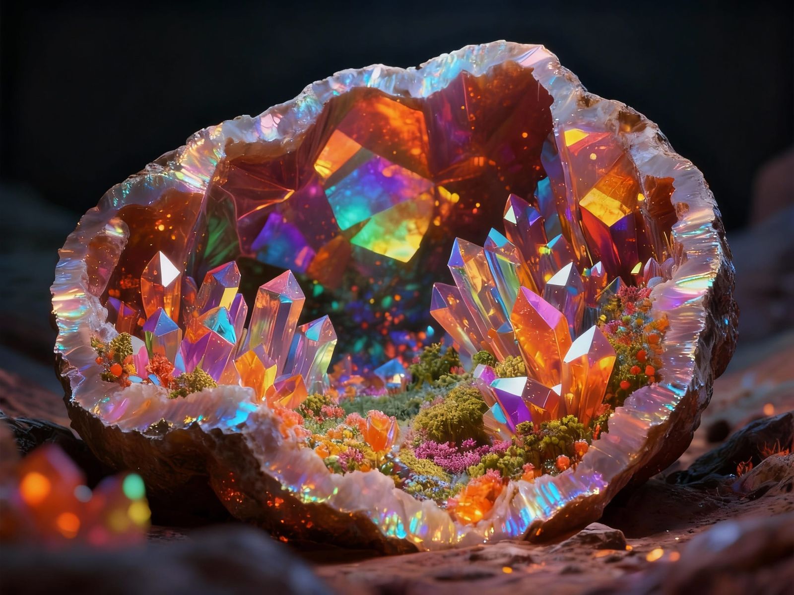 Iridescent Opal Geode with Crystalline Garden