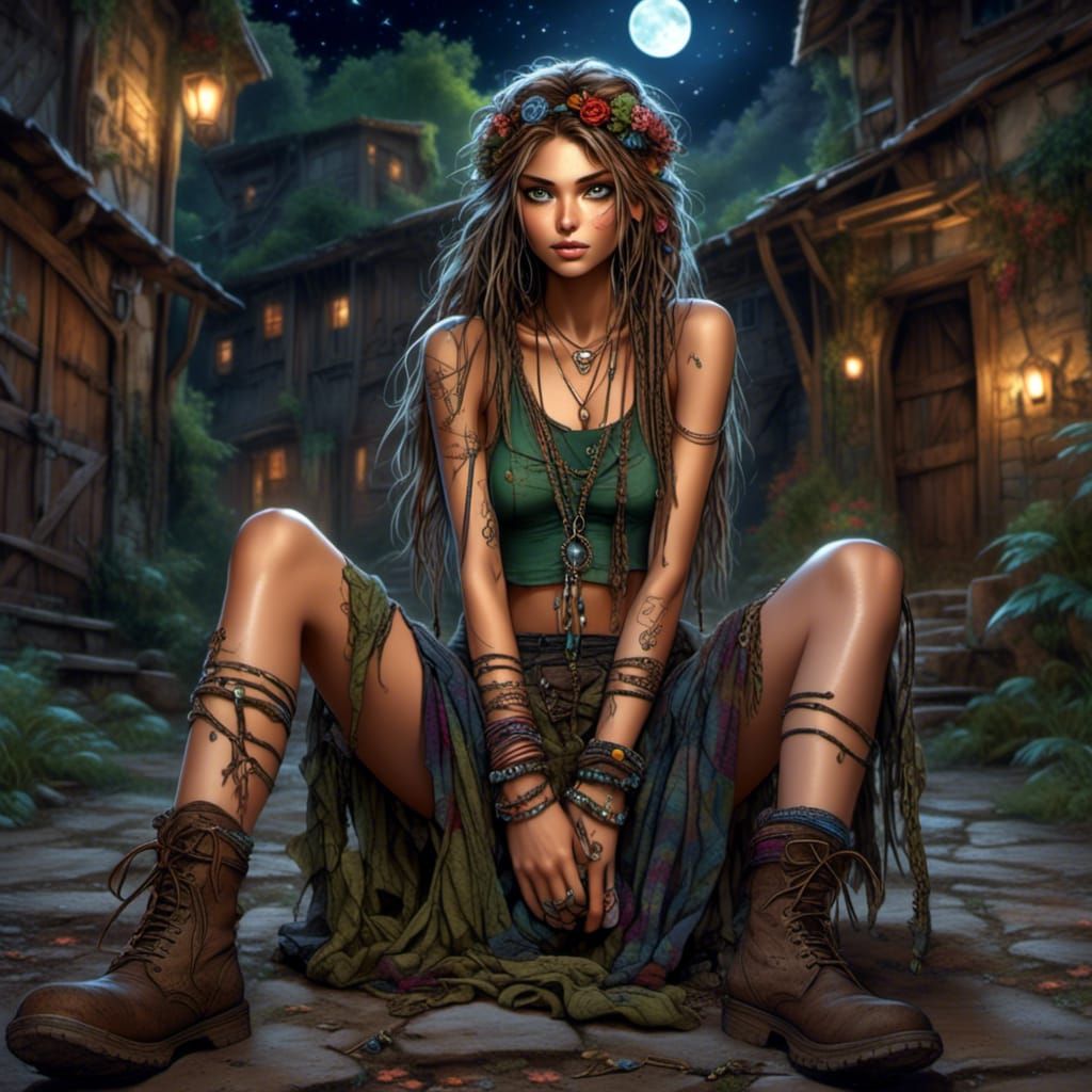 Boho Punk Girl in Mystical Village: Digital Art