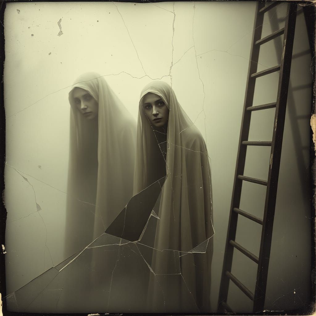 Ethereal Ghost in Broken Glass: Vintage Polaroid Style