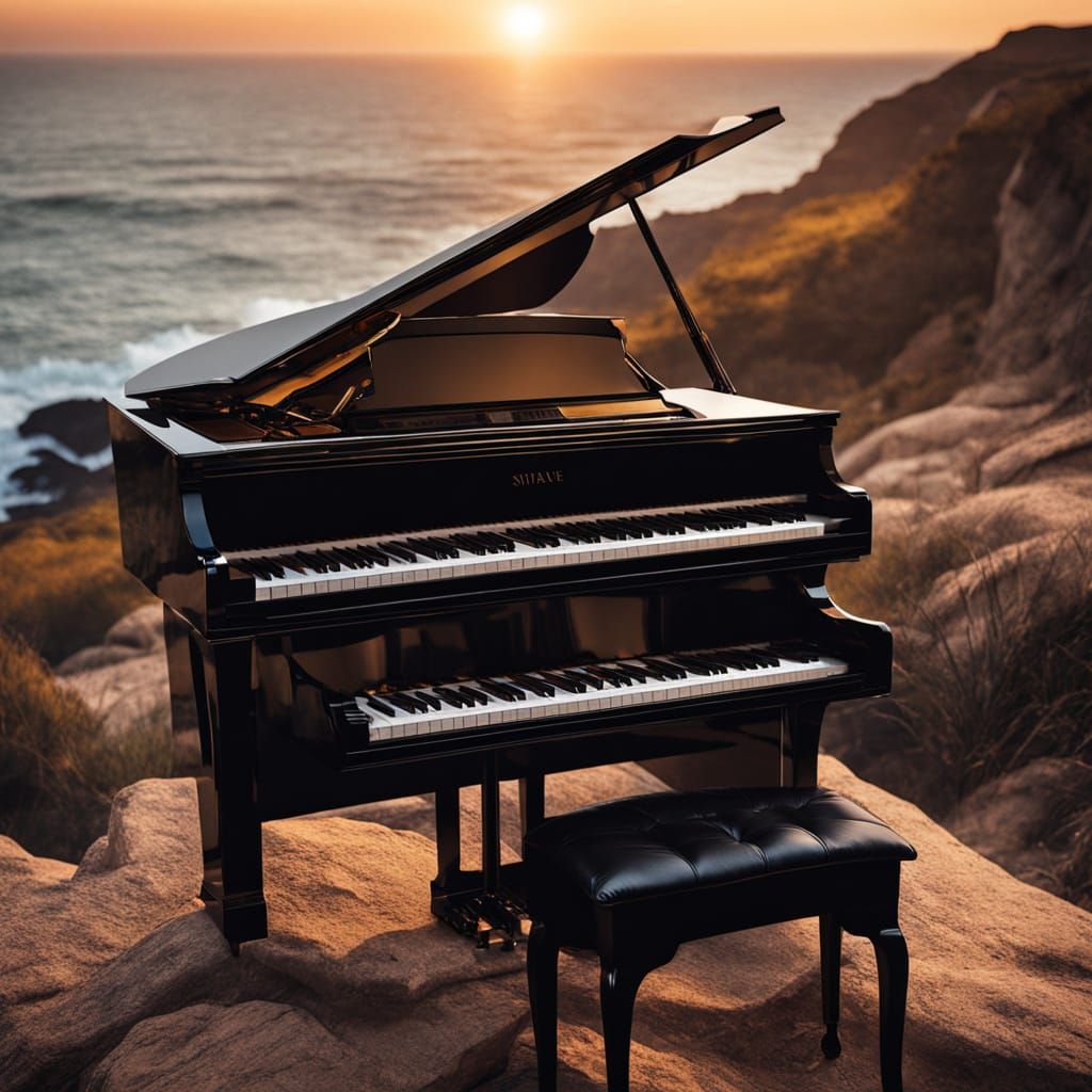 Piano and Subwoofer on Cliff in Cinematic Style