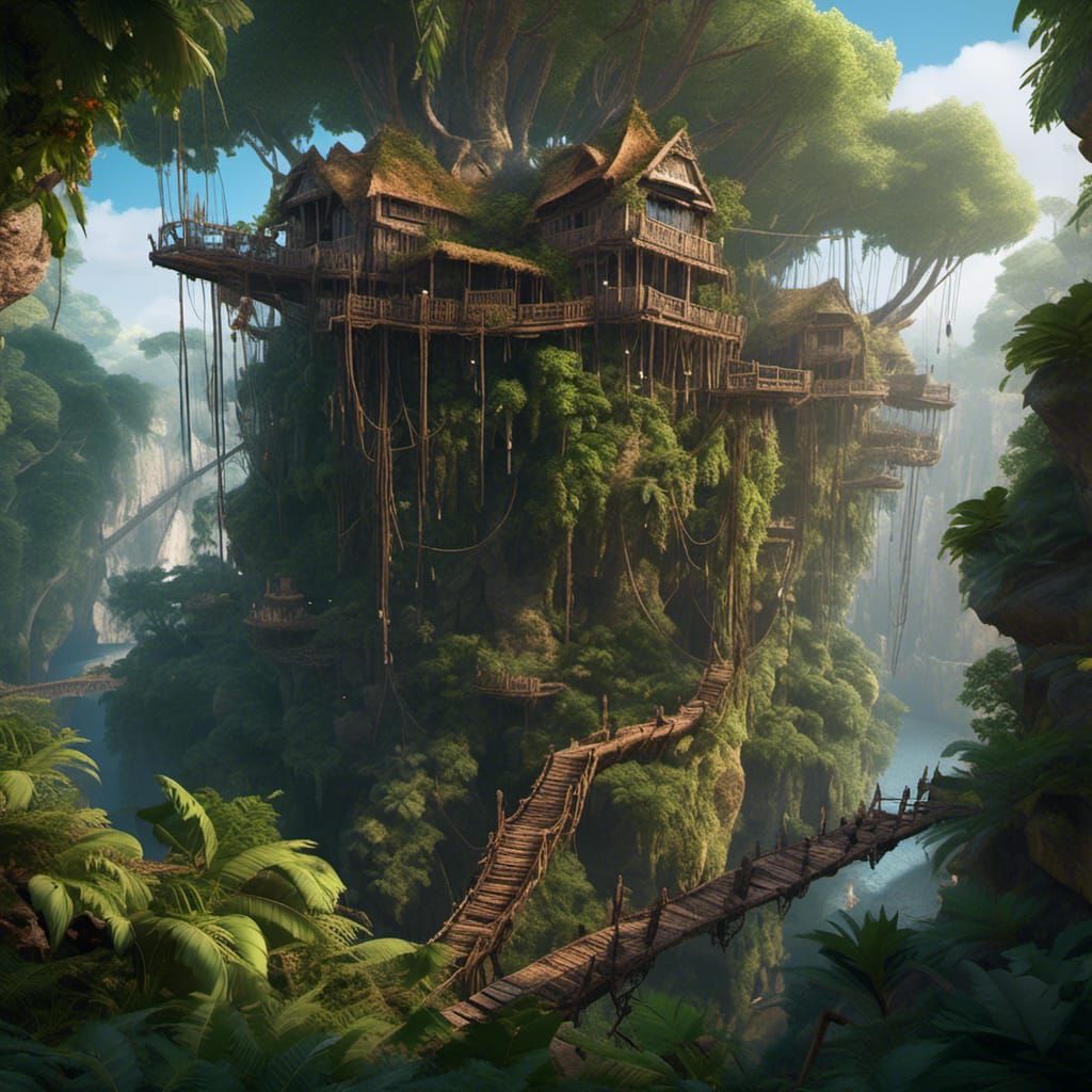 Jungle Treehouse Village with Rope Bridges