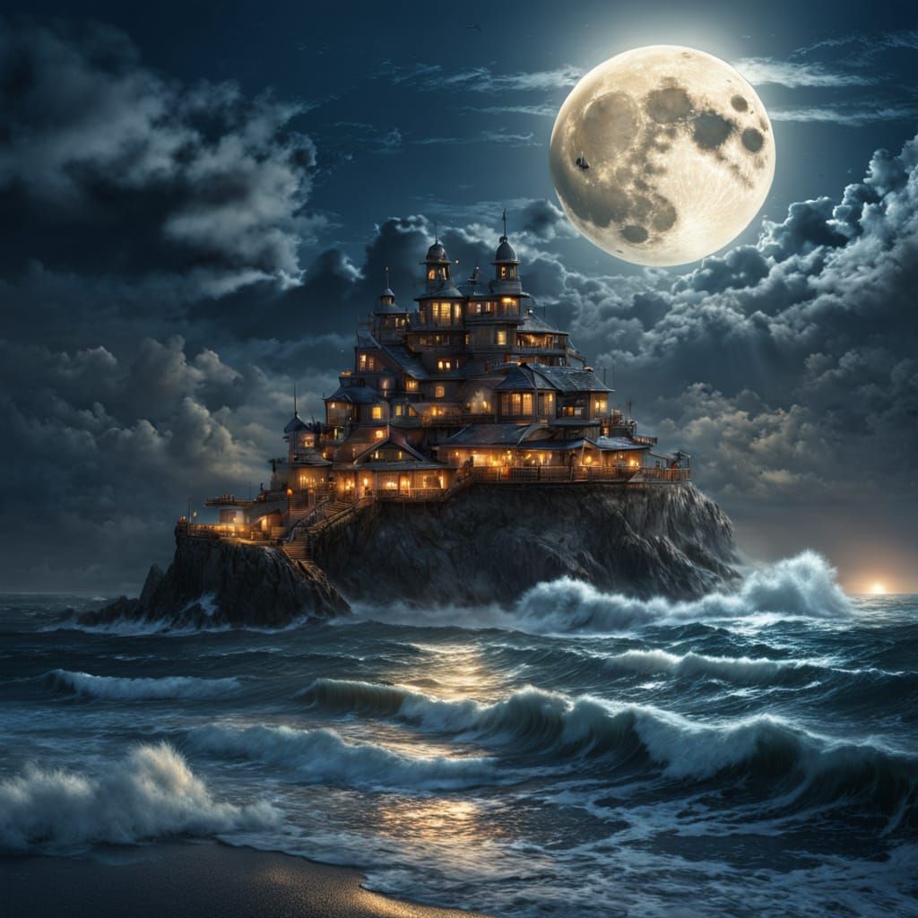Epic Full Moon Over Magical Ocean Night