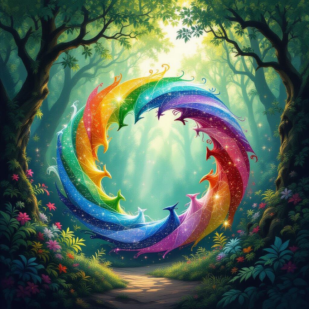 Magical Creatures in a Rainbow Glitter Enchanted Forest