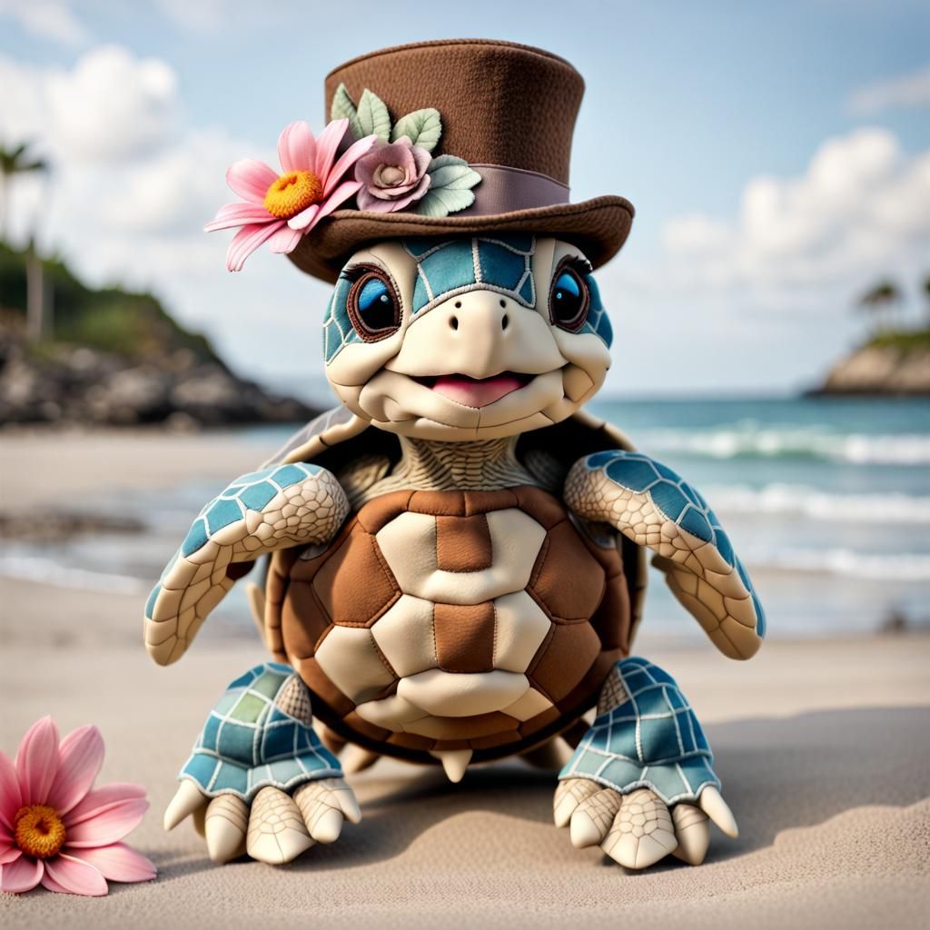 Patchwork Sea Turtle with Top Hat in CGI Style