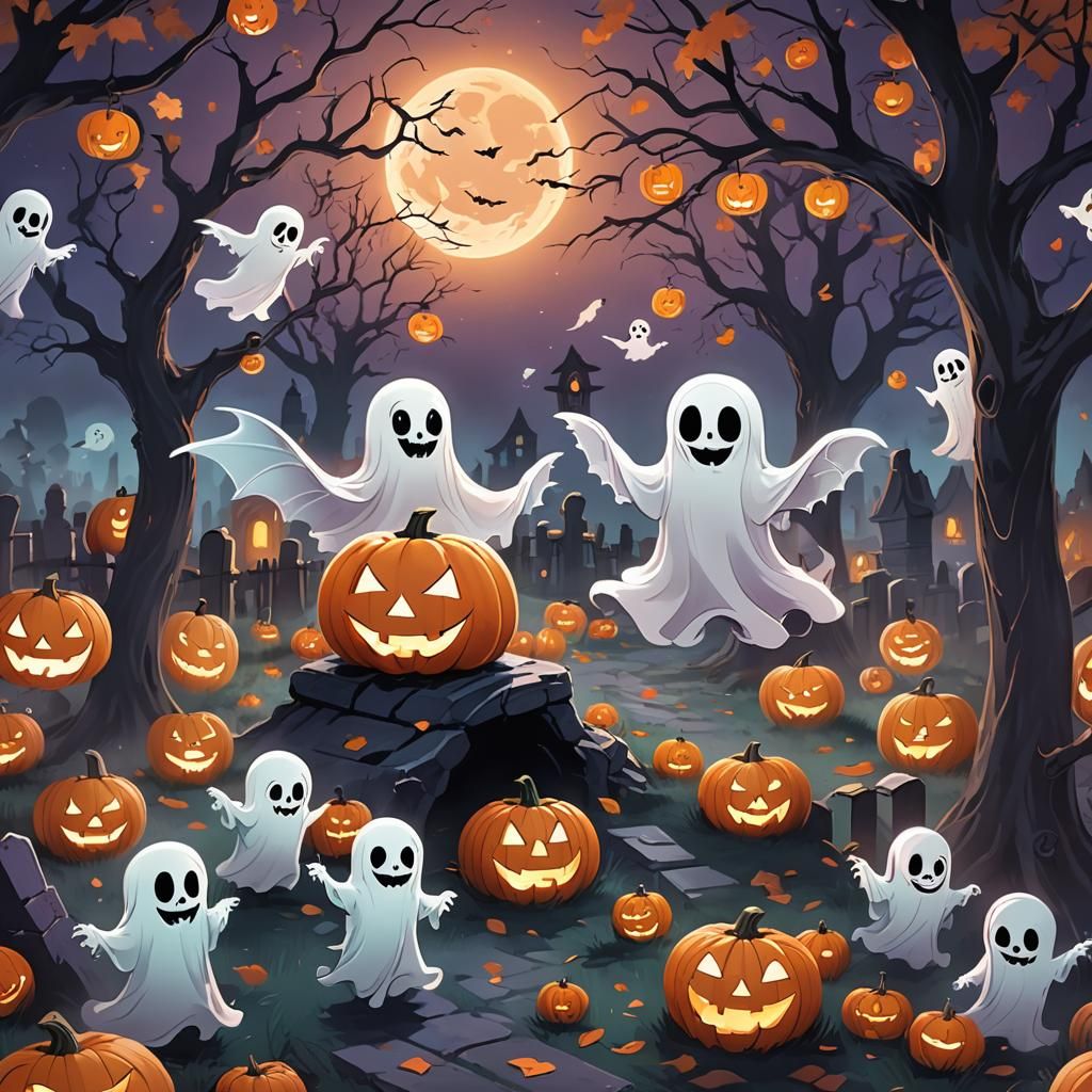 Cute Ghost in Haunted Graveyard: Anime Style