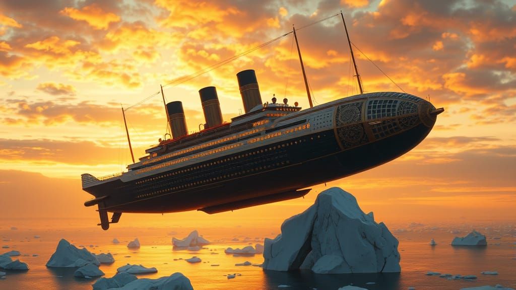 Steampunk Titanic Zeppelin at Sunset
