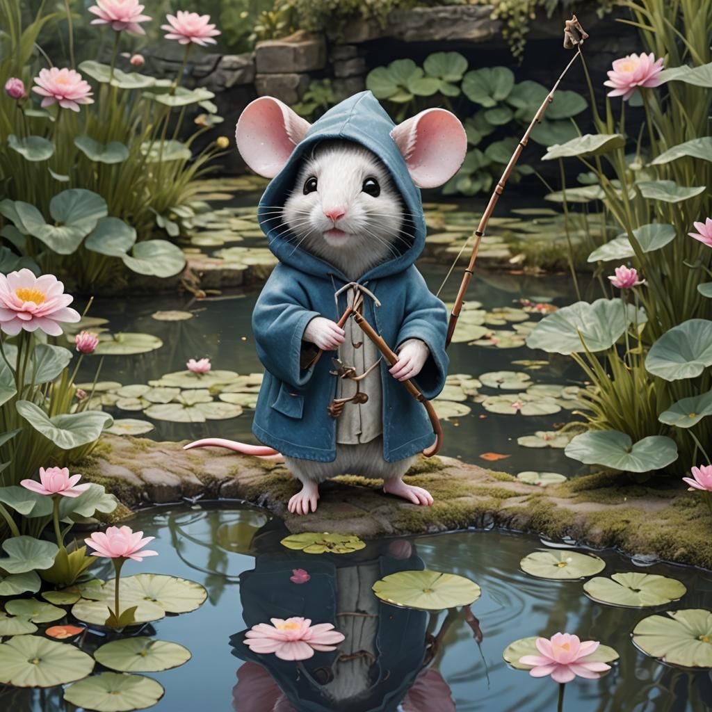 Mouse Fishing in Fairytale Garden: Photorealistic Matte Pain...
