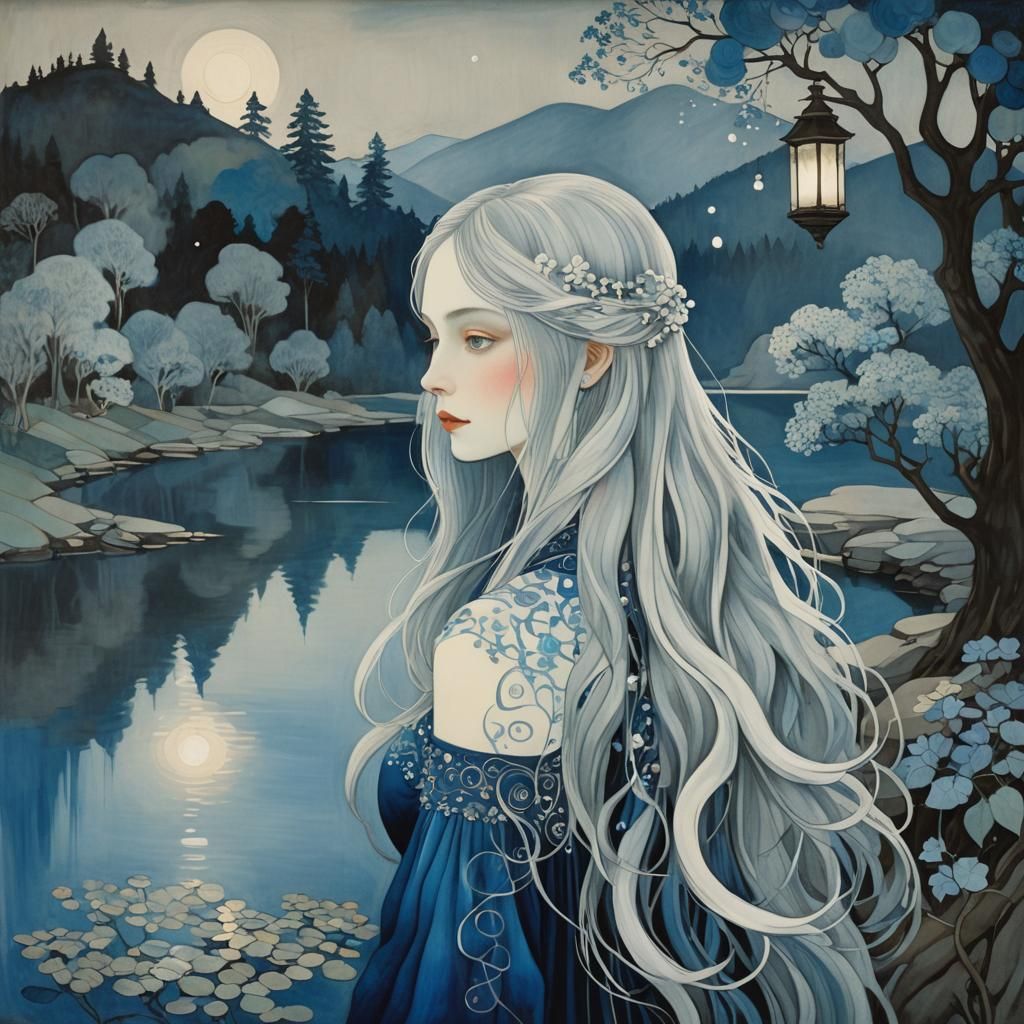 Enigmatic Maiden by Lake with Lantern