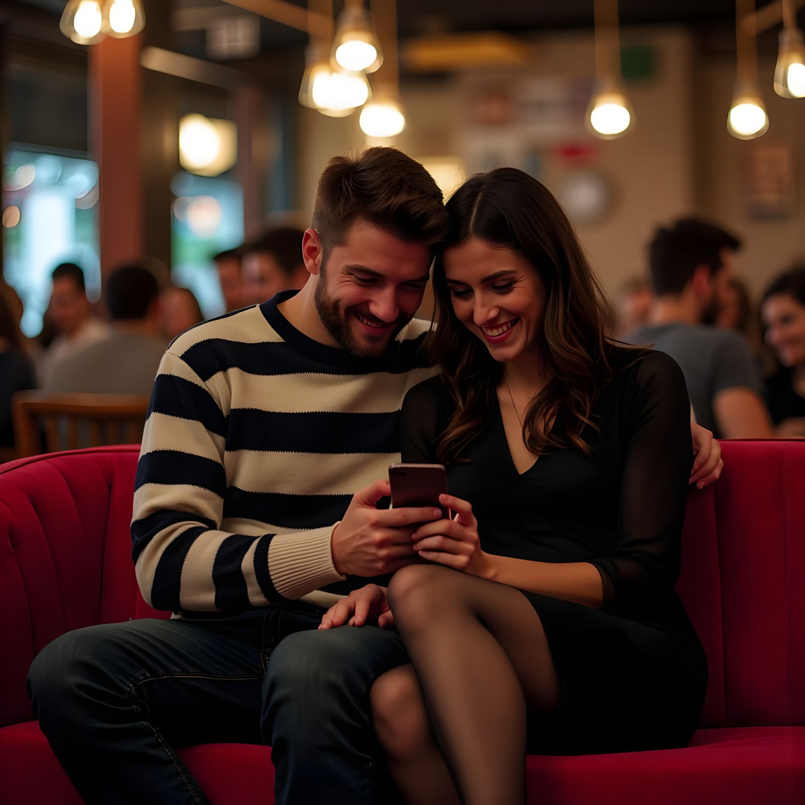 Couple Sharing a Moment on a Red Couch