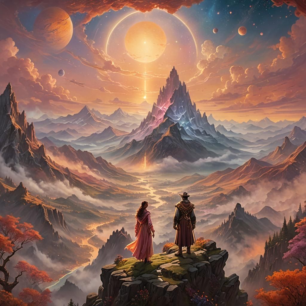 Ethereal Landscape with Sunset and Planets