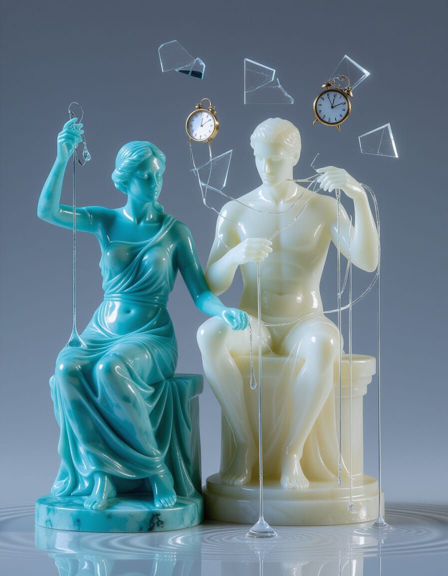 Surreal Statue Fusion of Rain Woman and Time Man