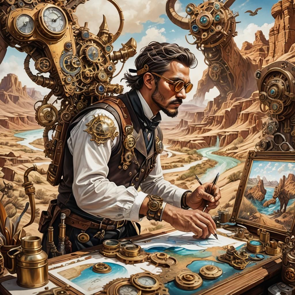Steampunk Artist in Desert Landscape Illustration