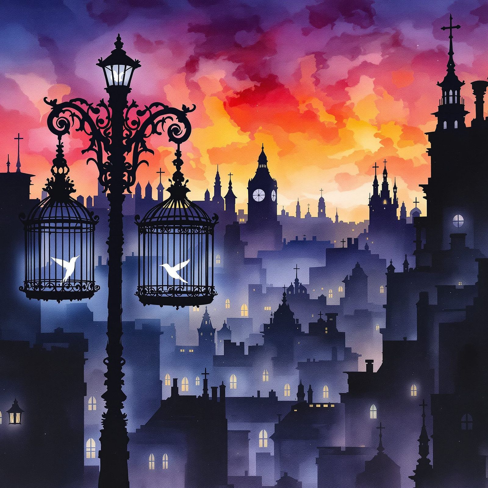Victorian Cityscape at Dusk With Spectral Hummingbirds