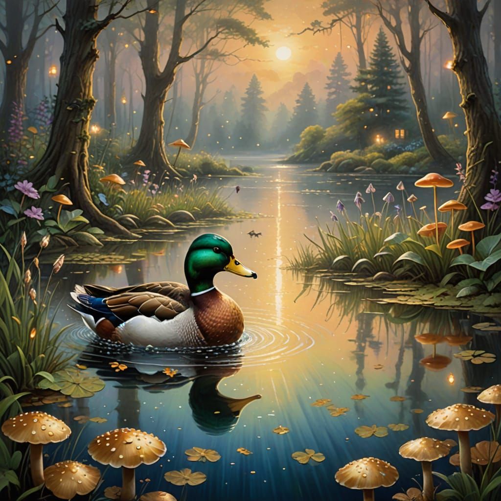 Surreal Duck in Enchanted Forest Landscape