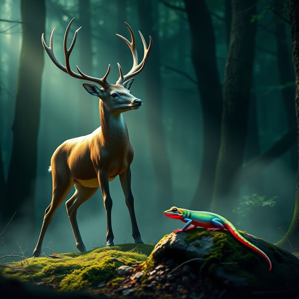 Deer and Salamander in Mystical Forest Clearing