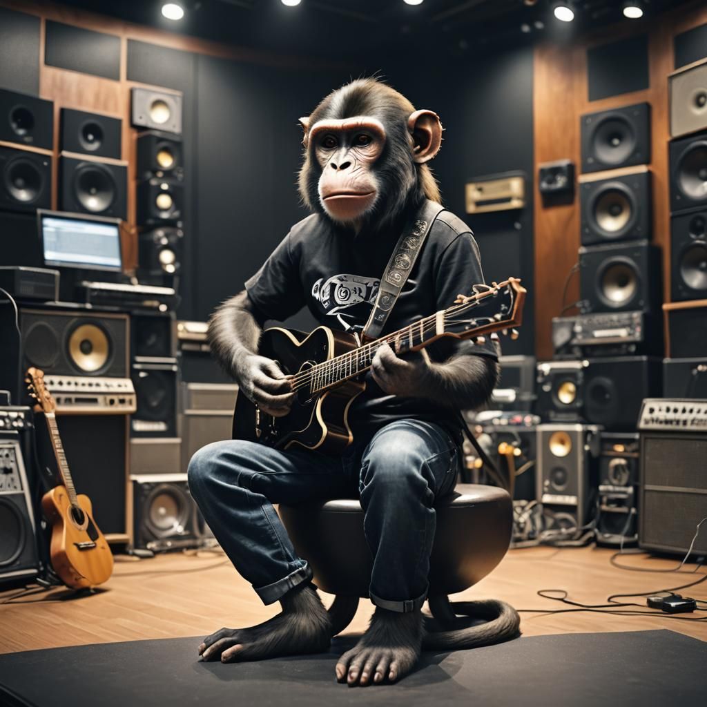 Monkey Guitarist in Modern Recording Studio, Hyperrealistic ...