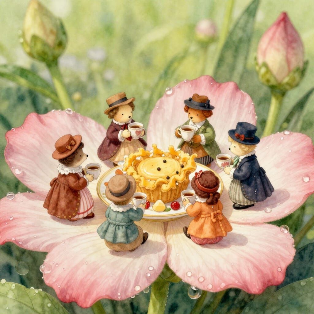 Whimsical Tea Party with Tiny Creatures on a Flower Petal