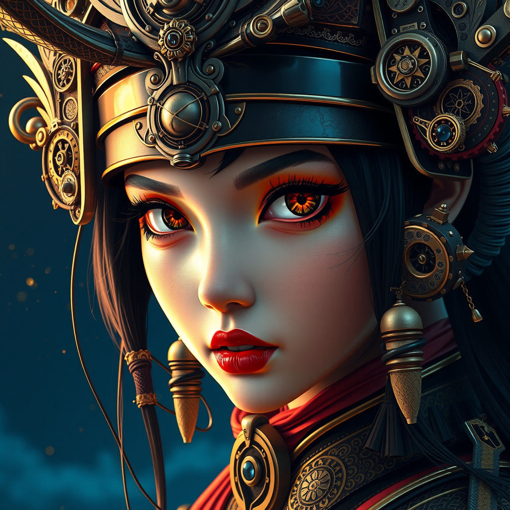 Steampunk Samurai Girl Portrait in Hyper-Detailed Matte Styl...