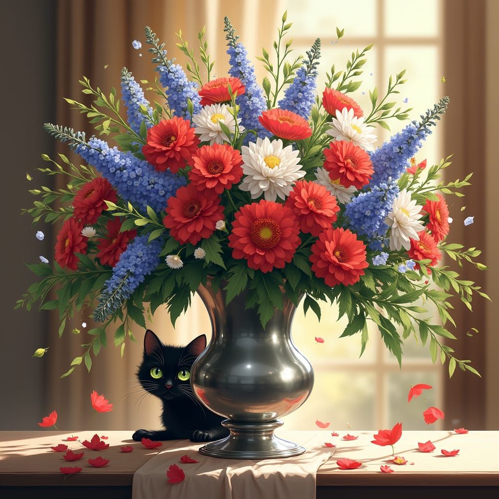 Anime-Style Still Life of Majestic Vase and Wildflowers with...