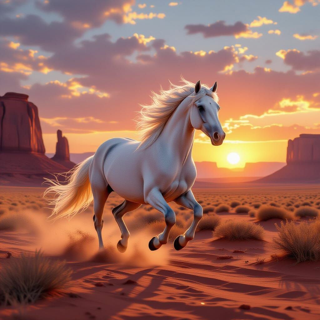 White Horse Galloping Across Desert Sunset